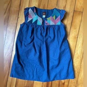 Tea Collection Blue Linen + Cotton Dress with Geometric Stitch Work. 18-24m